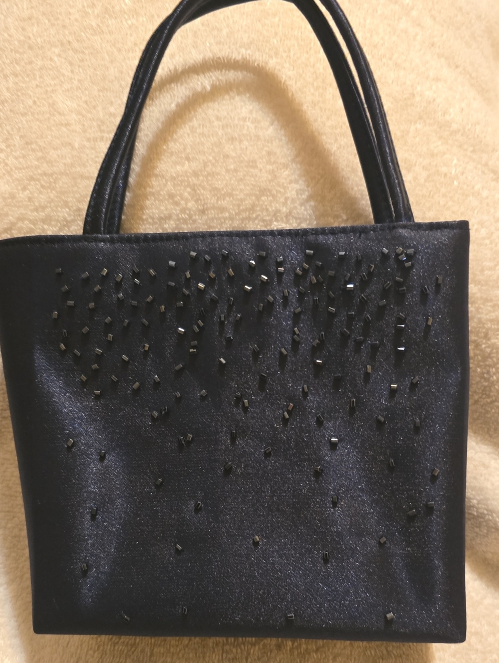 Navy Blue Satin Beaded Mini Tote Bag Evening Purse Holiday